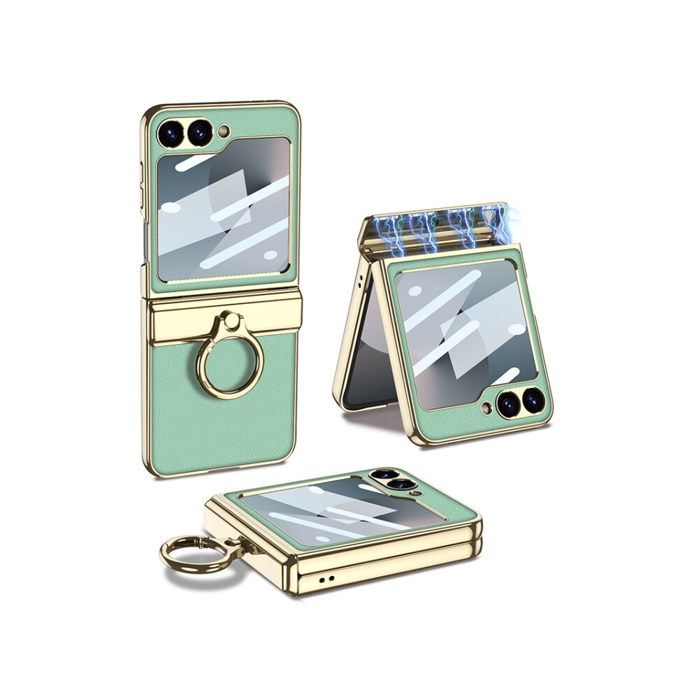 Gkk Integrated Case Compatible Gift Samsung Galaxy Z Flip6, Magnetic Folding Hinge, Electroplated Vegan Leather, Ring Design, Lychee Texture (Green): Green 4059075279435