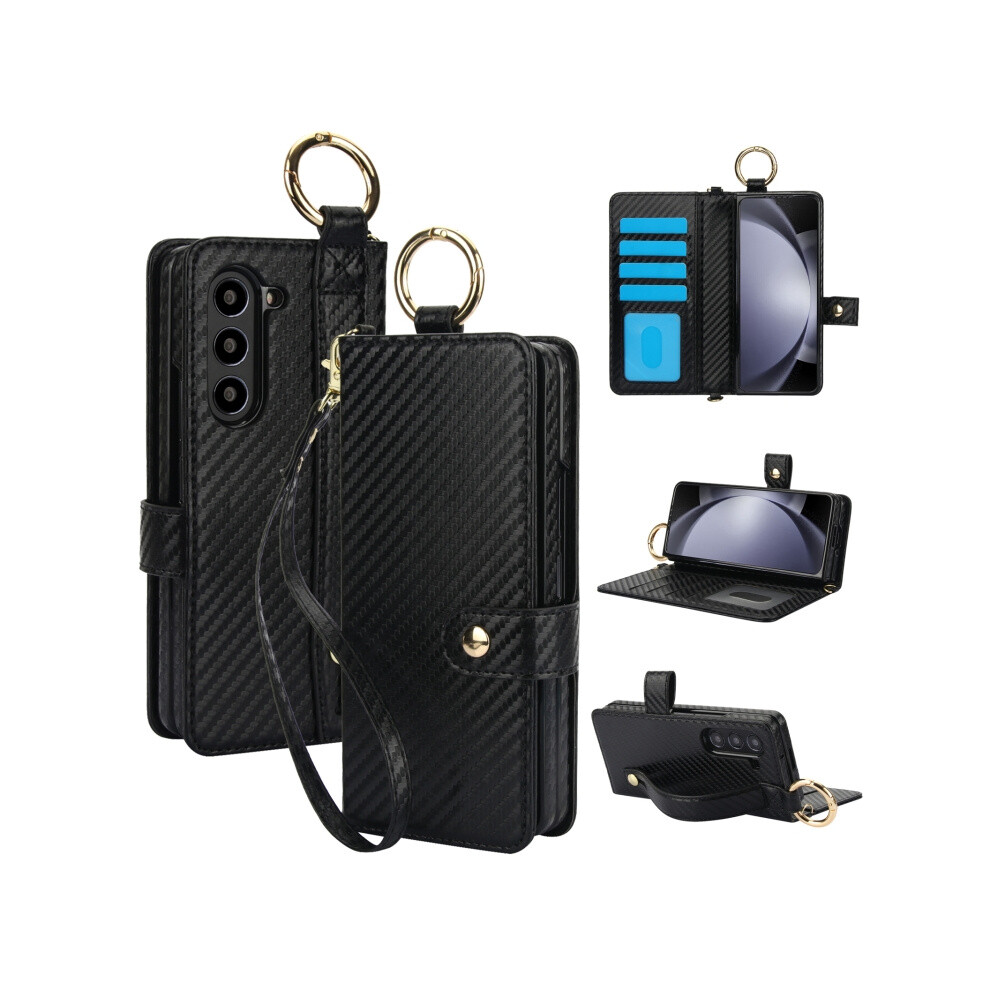 Solid Color Wristband/Ring Compatible Gift Samsung Galaxy Z Fold5, Rfid Anti-Theft Phone Case With Lanyard (Carbon Fiber ):For Samsung Galaxy Z Black 3468205150567