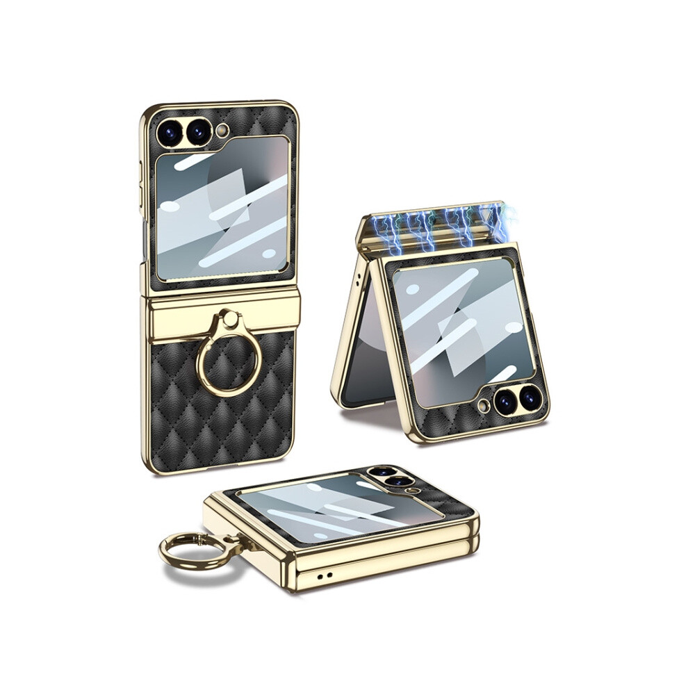 Gkk Integrated Diamond Pattern Folding Hinge Electroplated Vegan Leather Phone Case With Ring Compatible Gift Samsung Galaxy Z Flip6 (Black):For Sams Black 7905196319741