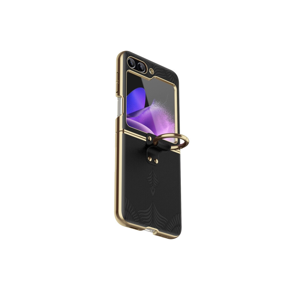Compatible Gift Samsung Galaxy Z Flip6 / Flip7 Fe Electroplated Embossed Leather Phone Case With Ring(Black):For Samsung Galaxy Z Flip6 / Flip7 Fe Black 3463626398345