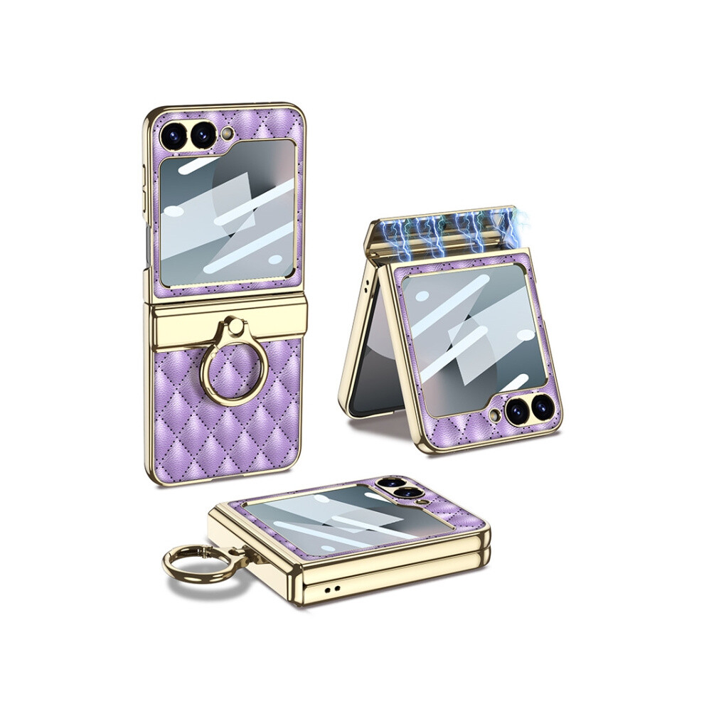 Gkk Integrated Diamond Pattern Folding Hinge Electroplated Vegan Leather Phone Case With Ring (Purple) Compatible Gift Samsung Galaxy Z Flip6:for Sam Purple 7905196319758