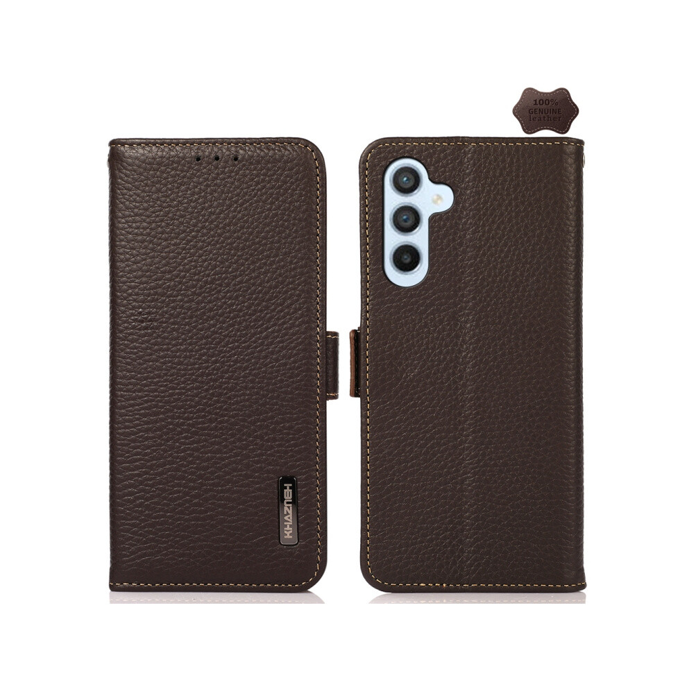 Khazneh Genuine Leather Side-Suction Litchi Texture Rfid Anti-Theft Phone Case Compatible Gift Samsung Galaxy M54 5G (Brown):For Samsung Galaxy M54 5 Brown 4906754169962