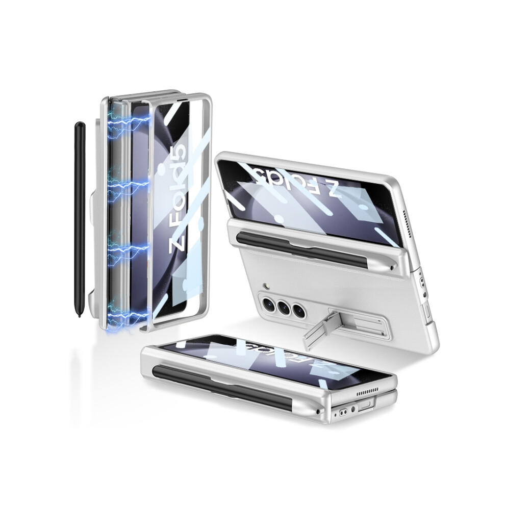 Gkk Magnetic Folding Full Coverage Phone Case Compatible Gift Samsung Galaxy Z Fold5 With Pen Slot (Elegant ):For Samsung Galaxy Z Fold5 Silver 5083585347130