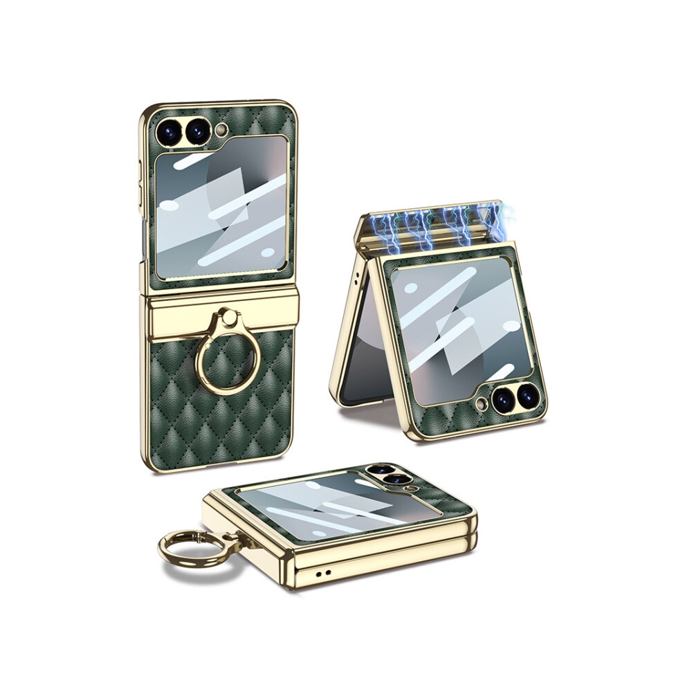 Gkk Integrated Diamond Pattern Folding Hinge Electroplated Vegan Leather Phone Case With Ring Compatible Gift Samsung Galaxy Z Flip6 ( Green):For Dark/Green 7905196319765