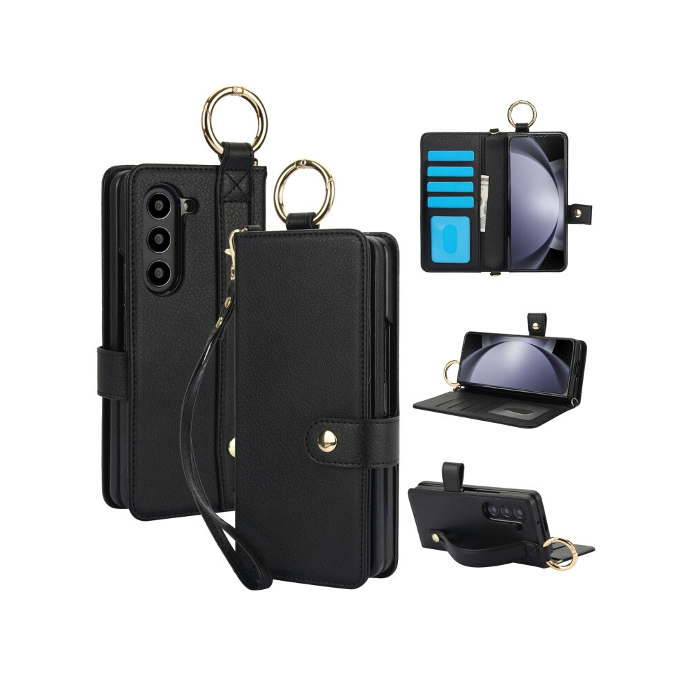 Solid Color Wristband/Ring Compatible Gift Samsung Galaxy Z Fold5, Rfid Anti-Theft Phone Case With Lanyard (Black):For Samsung Galaxy Z Fold5 Black 8383763399645