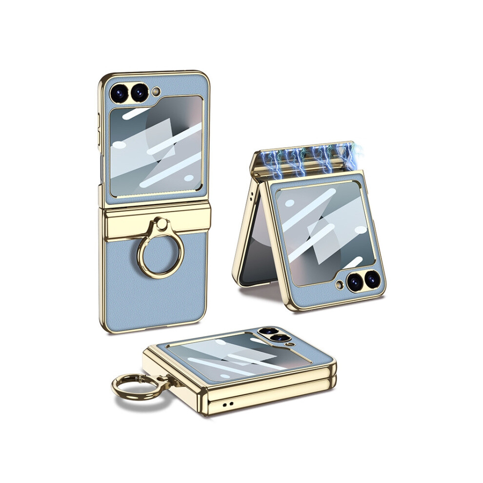 Gkk Integrated Case Compatible Gift Samsung Galaxy Z Flip6, Magnetic Folding Hinge, Electroplated Vegan Leather, Ring Design, Lychee Texture (Blue):F Blue 335549195369