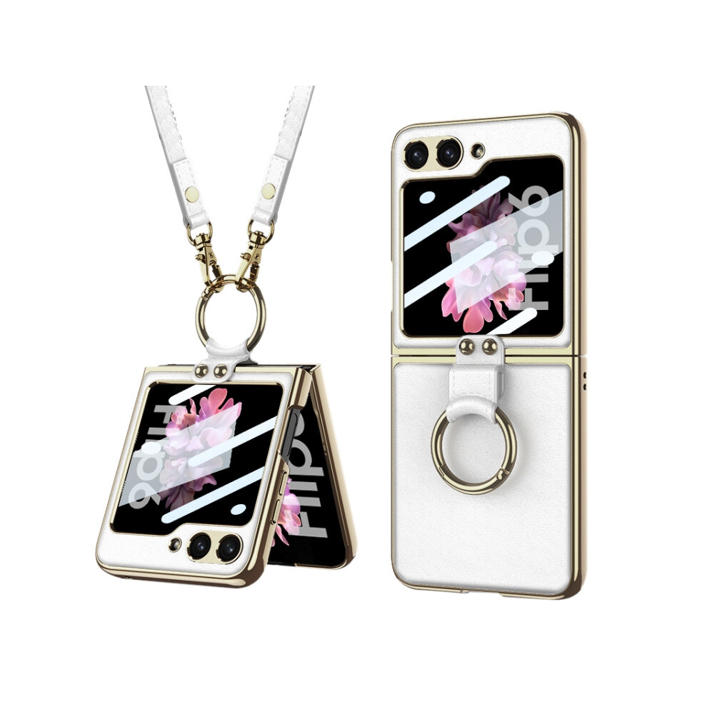 Compatible Gift Samsung Galaxy Z Flip6 Gkk Integrated Electroplated Leather Ring Phone Case With Strap (White):For Samsung Galaxy Z Flip6 / Flip7 Fe White 4117573160775