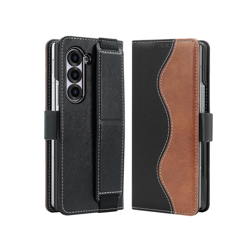 Compatible Gift Samsung Galaxy Z Fold6 Vietao Integrated Spliced Leather Phone Case With Elastic Bowl Strap(Black):For Samsung Galaxy Z Fold6 Black 3175240381275