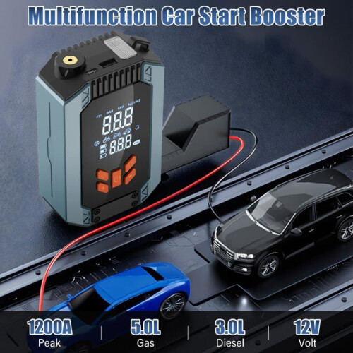 Ισχυρός εκκινητής μπαταρίας αυτοκινήτου 12V 1200A, με αεροσυμπιεστή 150 PSI και σφιγκ 2