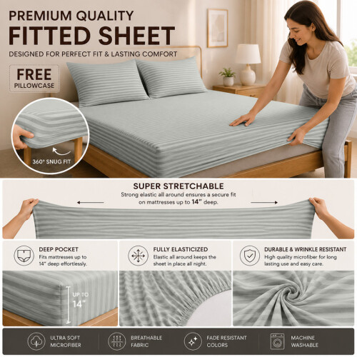 Imperial Rooms (2X Super King, Silver) 40cm Deep Stripe Fitted Sheet with Free Pillowcases | Extra Deep Stretchable Hotel Quality Fitted Bed Sheets in 2 Pack 1