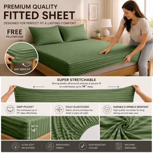 Imperial Rooms (2X Double, Olive Green) 40cm Deep Stripe Fitted Sheet with Free Pillowcases | Extra Deep Stretchable Hotel Quality Fitted Bed Sheets in 2 Pack 1