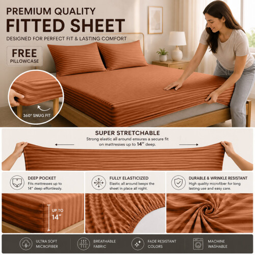 Imperial Rooms (2X King, Rust) 40cm Deep Stripe Fitted Sheet with Free Pillowcases | Extra Deep Stretchable Hotel Quality Fitted Bed Sheets in 2 Pack 1
