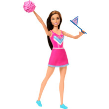 Barbie Cheerleader-Puppe im Cheerleader-Outfit, mit Pom Pom, Flagge und Hundemaskottchen