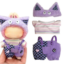 17cm Puppenkleidungsset 3Teile: Monsteraugenhut, gestreiftes Shirt, Herz-Patch Overalls (Stil A)