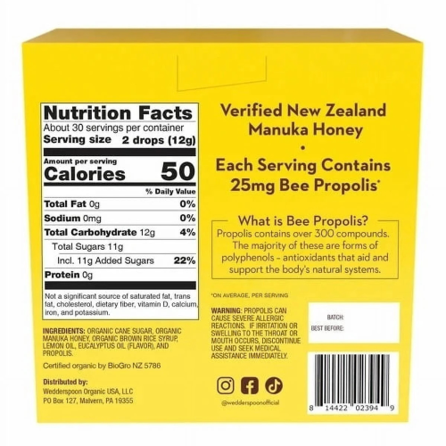Wedderspoon Wedderspoon Organic Manuka Honey Drops with Propolis - 60 Drops 1