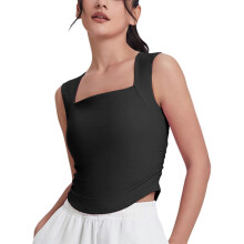 (XL, Black) Women's High Impact Sports Bra Wide Strap Square Neck Ruched Yoga Crop Top for Running and Pilates with Supportive Fit  Black L