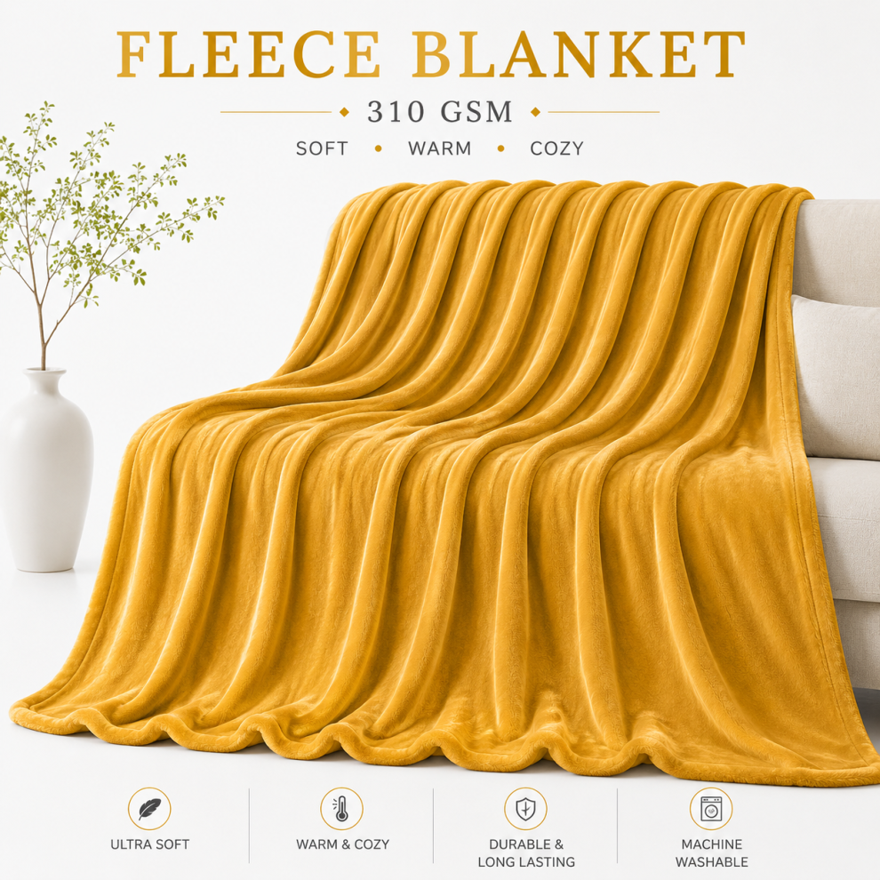 Oxford Homeware (Mustard, Double: 150 Cm X 200 Cm.) Faux Fur Fleece Throw Warm Soft Mink Blanket Yellow