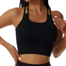 (S, Black) Women Criss Cross Back Sports Pure Color Double Strap Square Neck Yoga Bra Fitness Workout Tank Tops