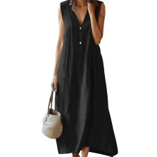 Womens Cotton Linen Dress Casual V-Neck Sleeveless-Black XXXL