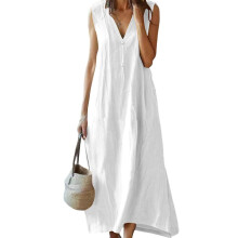 Womens Cotton Linen Dress Casual V-Neck Sleeveless-White M