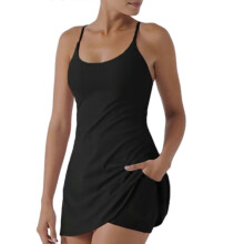 (S, Black) Stretchable Workout Dress with Inner Shorts Pockets for Women Gym Activewear Athletic Spaghetti Straps Tennis Dress Purple M