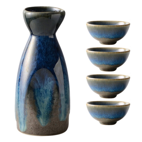 Keramik-Sake-Set mit Flasche und 4 Bechern 1