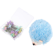 Egel speldenkussen set met 100 platte vlinderspelden, blauwe naaldhouder van 10 cm