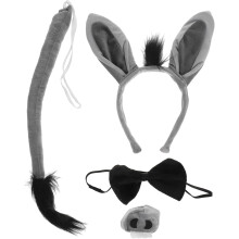 Set costume da asino grigio morbido con orecchie da asino, cerchietto, coda, papillon e naso, vestibilità flessibile