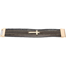 Mehrlagiges schwarzes Lederarmband mit Kreuzmuster für Damen, geflochtenes Wickelarmband mit Magnetverschluss