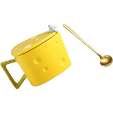 Joghurtbecher aus Keramik in Käseform mit Henkel und Deckel, leicht zu reinigen, gelbe Kaffeetasse