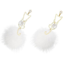 Katzenohrringe mit Perlen, Pompons aus Kunstfell, lange Hängeohrringe für Damen, Winterschmuck