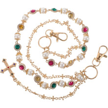 Broekketting met imitatieparels, bloemvormige kralen en kleurrijke strass kruishanger, lichtgewicht metalen tailleaccessoire.