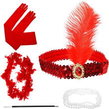 Stirnband-Set im Stil der 1920er Jahre für Damen mit roten Pailletten und Federaccessoires