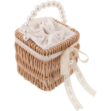 Damen-Handtasche aus Rattan, handgeflochtener Strohkorb, Henkeltasche mit Kunstperlenkette