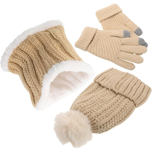 Wintermütze, Handschuhe und Schal-Set für Damen, gefütterte Strickmütze