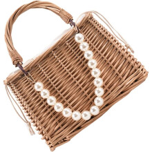 Stroh-Strandtasche für Damen, Perlenhandtasche, Tragetasche, Mini-Strohtasche, tragbar, handgewebt, gehäkelt