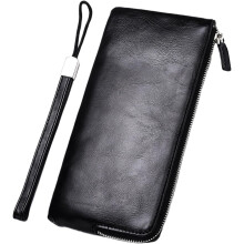 Lange Geldbörse mit Reißverschluss für Herren und Handschlaufe, schlanke schwarze Leder-Geldbörse mit Handy- und Kartenfach
