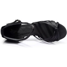 Schwarze Damen-Pumps aus Satin mit hohem Absatz, offener Zehenpartie und geknotetem Riemen, Größe 40