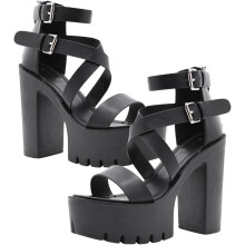 Elegante Mädchenschuhe, Schnallenverzierung, römische Sandalen, hochhackige Sandalen mit Fischmaul-Design für den Sommer, draußen, Schwarz