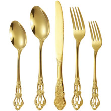 Ensemble fourchette, coupe-cuillère et cuillère en acier inoxydable doré, compatible lave-vaisselle et résistant à la corrosion.