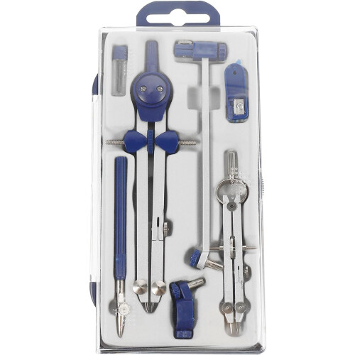 Drawing Tools Compass Set with Zinc Alloy and ABS Grip, 7pcs Blue Precision Drawing Kit