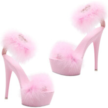 Wasserdichte Plateau-Sandalen mit hohem Absatz für Damen, rosa Fell, dünner Absatz, stylische Partyschuhe, Größe 42