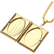 Herren-Halskette mit vergoldetem Anhänger in Form eines aufklappbaren Bibelbuchs, Metallkette
