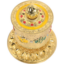 Buddhistische Gebetsmühle, stabiler Sockel, goldenes Messing und Papier, elegante, künstlerische Atmosphäre, Symbol