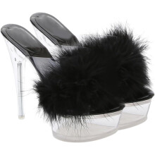 Elegante, flauschige High-Heel-Sandalen mit dünnen Kristallabsätzen, Schwarz, Größe 39