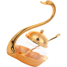 Elegant krydderbeholder med skje, svaneformet sinklegering og glassmateriale, salt- og tebladholder