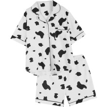Verão Mulheres Pijamas Cartoon Cow Algodão Pijamas Cardigan Manga Curta Shorts Casual Homewear Set de duas peças