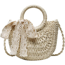 Sommerliche Stroh-Schultertasche, Umhängetasche, modische gewebte Handtasche mit Spitzenband