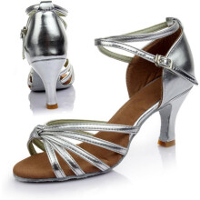 Lateinamerikanische Tanzschuhe mit hohem Absatz für Damen, silberfarben, geknoteter Riemchen, offene Zehenpartie, Satin-Schlangenleder