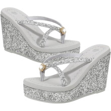Sommerliche Damen-Sandalen mit hohem Absatz, Pailletten und Strasssteinen, Strandsandalen, Freizeitschuhe für Damen, Silber